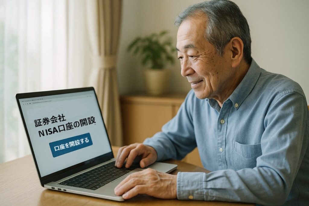 ノートPCでNISA口座を開設するシニア男性