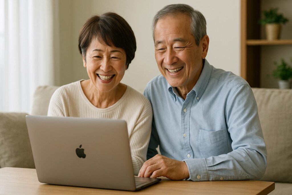 投資グラフを見て喜ぶシニア夫婦