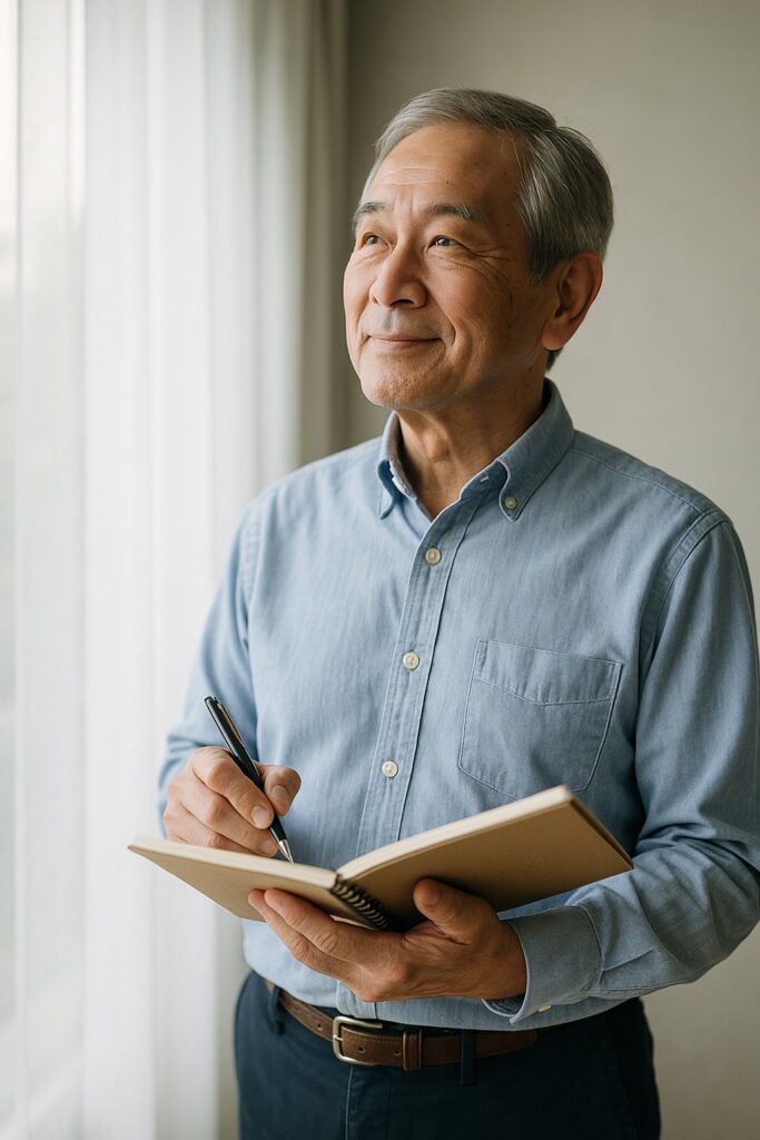 投資ノートを持ち、窓辺で前を見つめるシニア男性