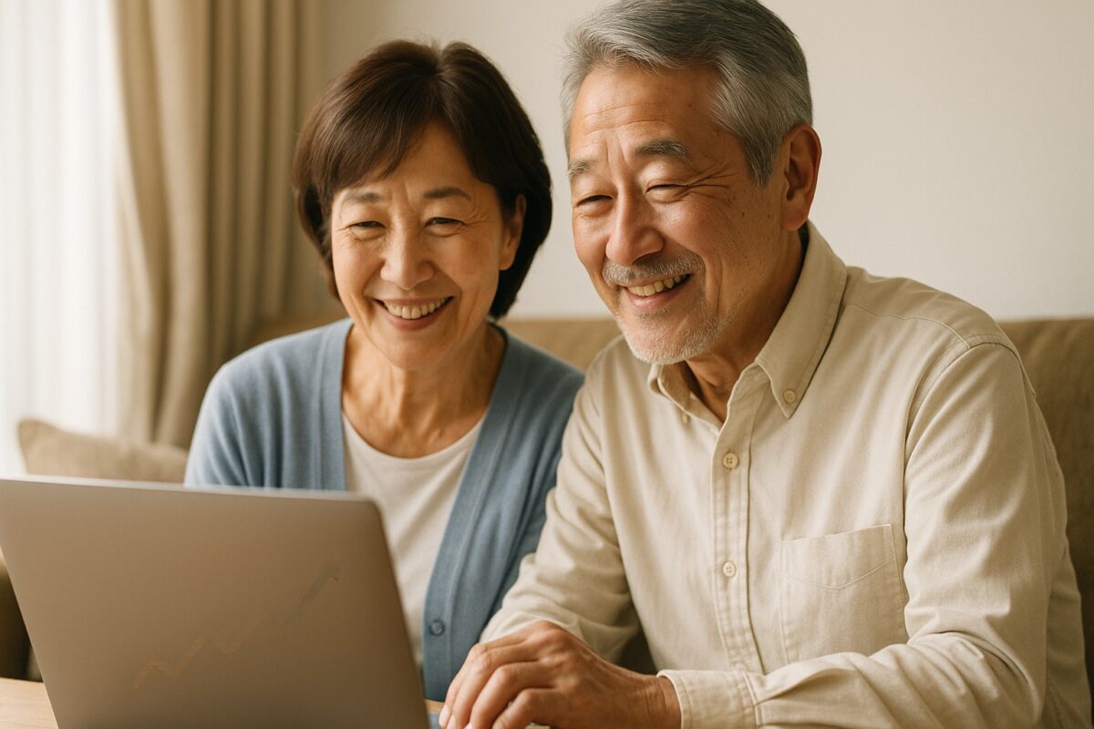 穏やかなリビングでノートPCを操作するシニア夫婦