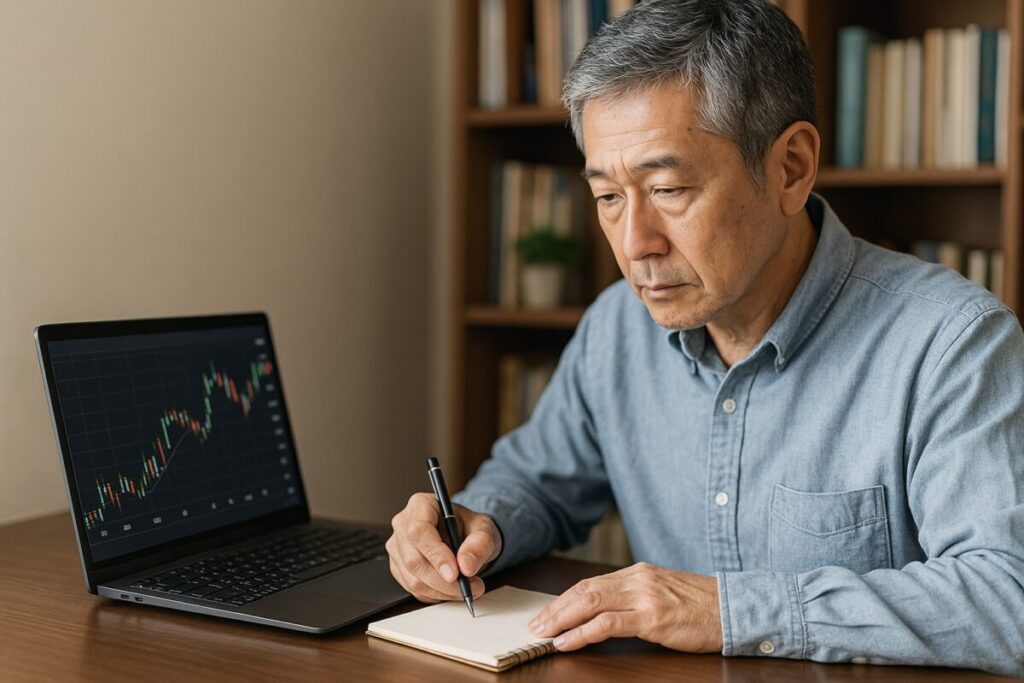 株式や仮想通貨のチャートを分析するシニア男性