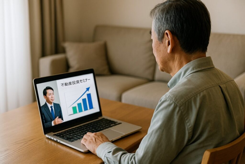 オンラインで不動産投資セミナーを受講するシニア男性