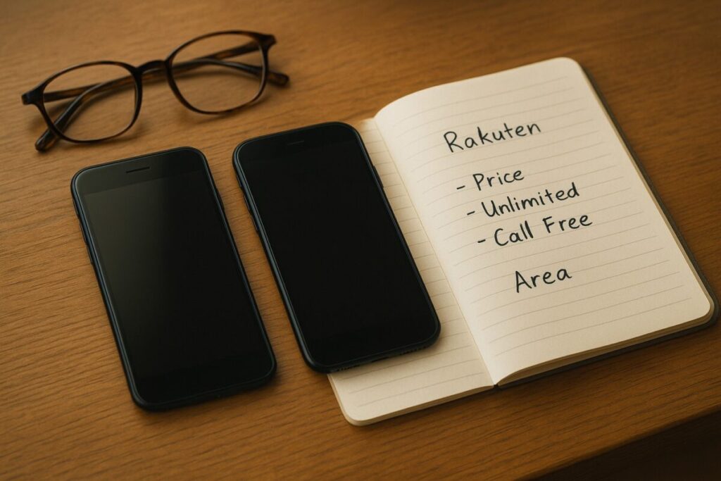 比較・検討・選択のイメージ(テーブルにスマホとメモ)