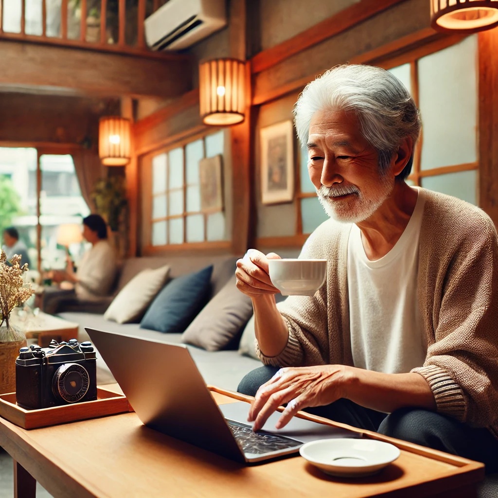 喫茶店でオンライン副業をするシニア男性