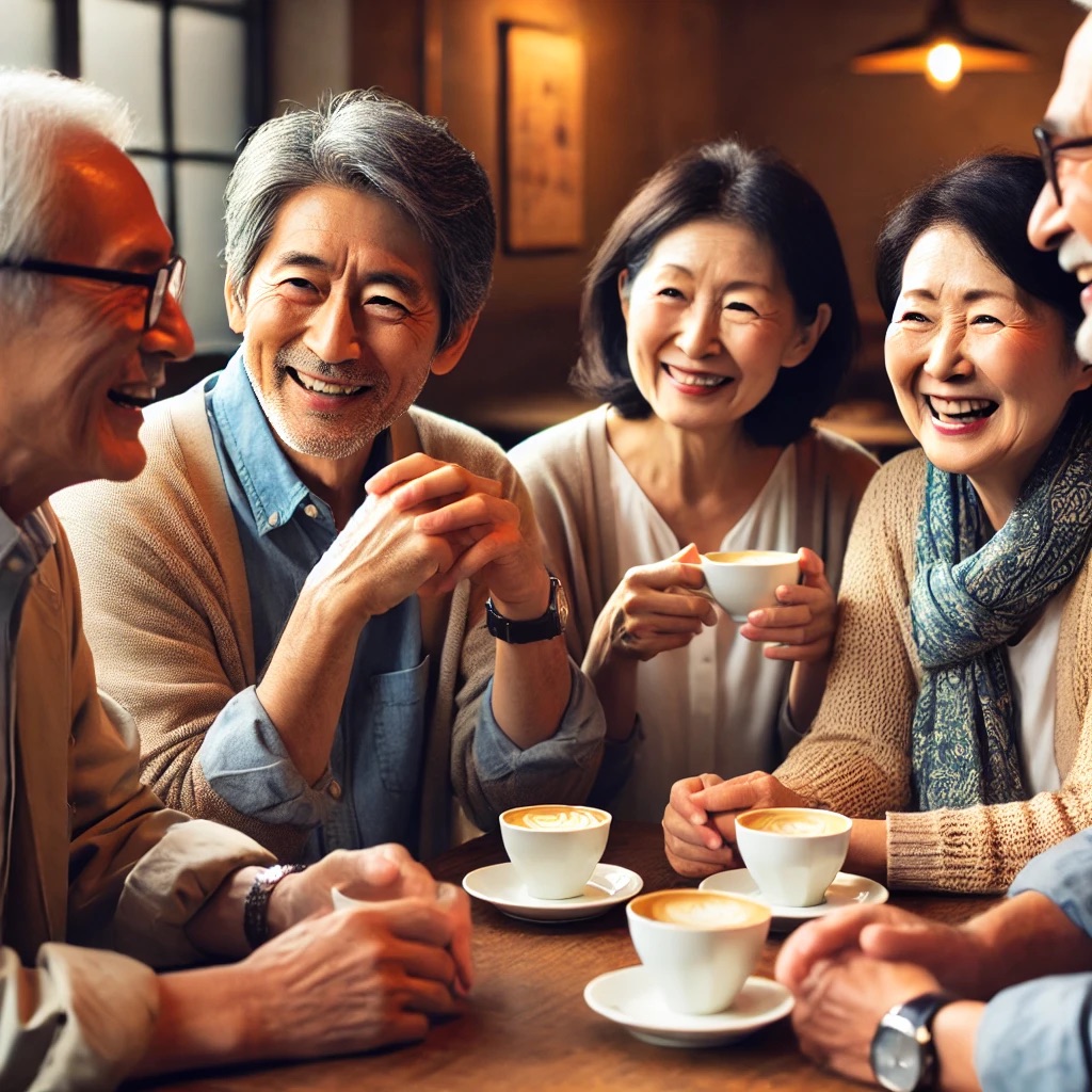 カフェで楽しそうに会話するシニア