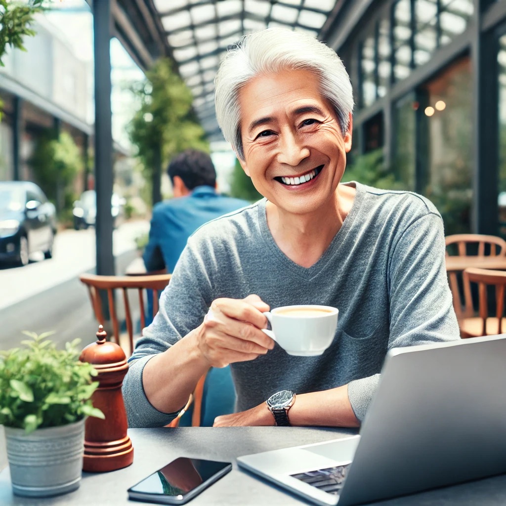 屋外カフェでノートパソコンを使いながらコーヒーを楽しむ60代シニア男性