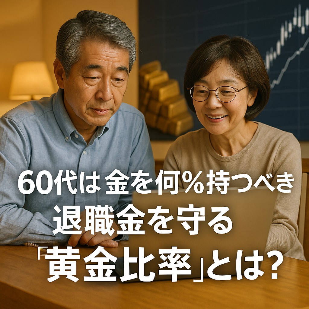 日本人の60代男女が自宅のダイニングテーブルでノートPCを見ながら金投資の比率を確認しているシーン。背景に金の延べ棒や上昇中のチャート。落ち着いた暖色系の光。写実的で高画質。シニアに安心感を与えるリアルな生活シーン。画像内テキスト：「60代は金を何％持つべき？退職金を守る黄金比率」。