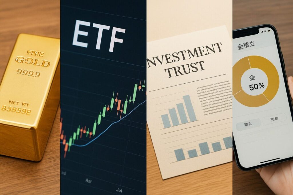 4種類の金投資（地金・ETF・投信・積立）を並べたリアルイメージ
