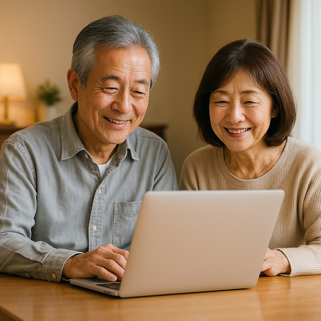 60代夫婦がノートPCを見ながら安心した笑顔