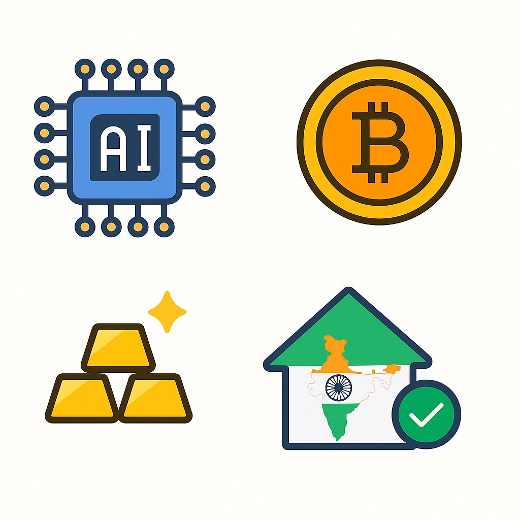  AI・仮想通貨・金・インド株・不動産クラファンなどのアイコン風イラストや写真