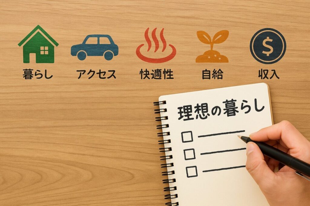 テーブルに並ぶ5つのアイコン(暮らし/アクセス/快適性/自給/収入)と、手書き風のメモ帳