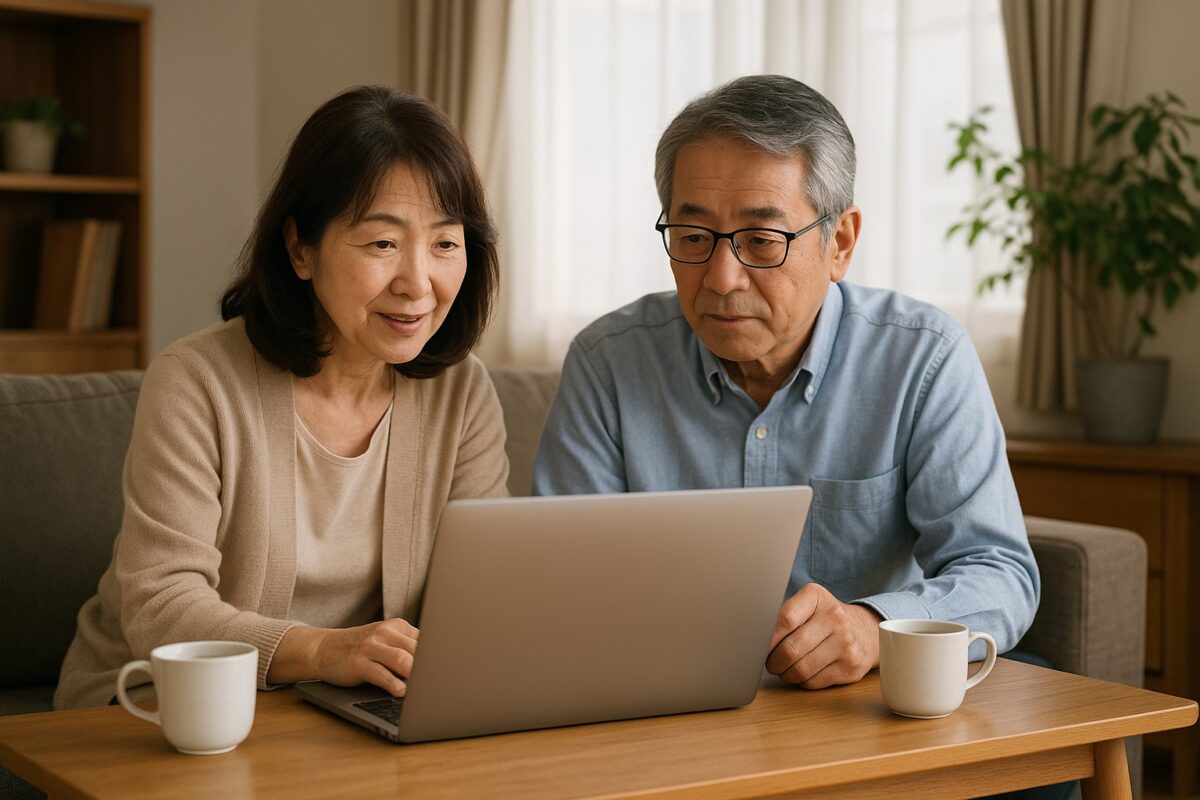 60代男女が、自宅リビングでノートPCを見ながら不動産投資を調べているリアルな写真風