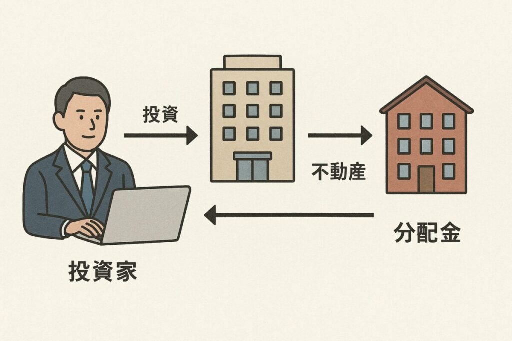 不動産クラウドファンディングの構造をシンプルに示した概念イラスト