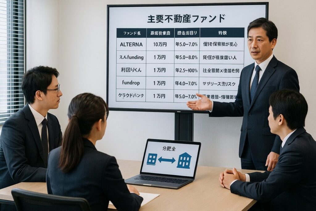 スーツを着た日本人のビジネスチームが、モニター画面で不動産ファンドを説明している会議風景