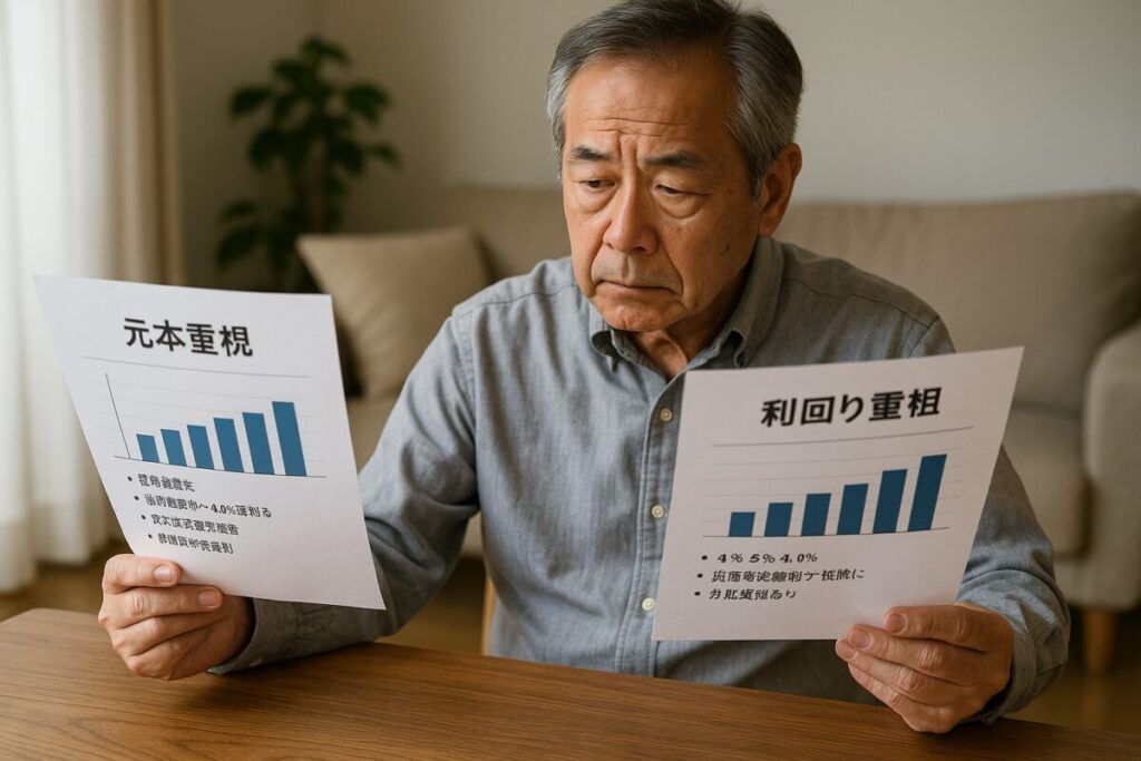 60代男性が2つの資料(A社・B社)を見比べて悩むシーン