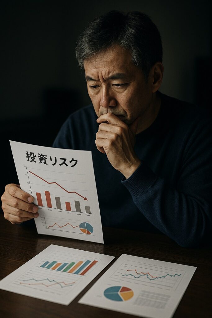 投資リスクを分析する男性。グラフやチャートを見ながら慎重に検討している様子。暗めの背景で思考的な雰囲気。リアル写真風。
