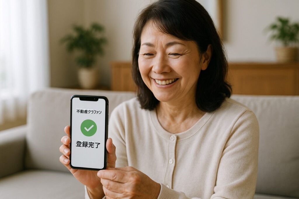 60代女性が、自宅のリビングでスマートフォンを見ながら笑顔で不動産クラファンの登録完了画面を確認している。明るい自然光、安心感のあるリアル写真風。