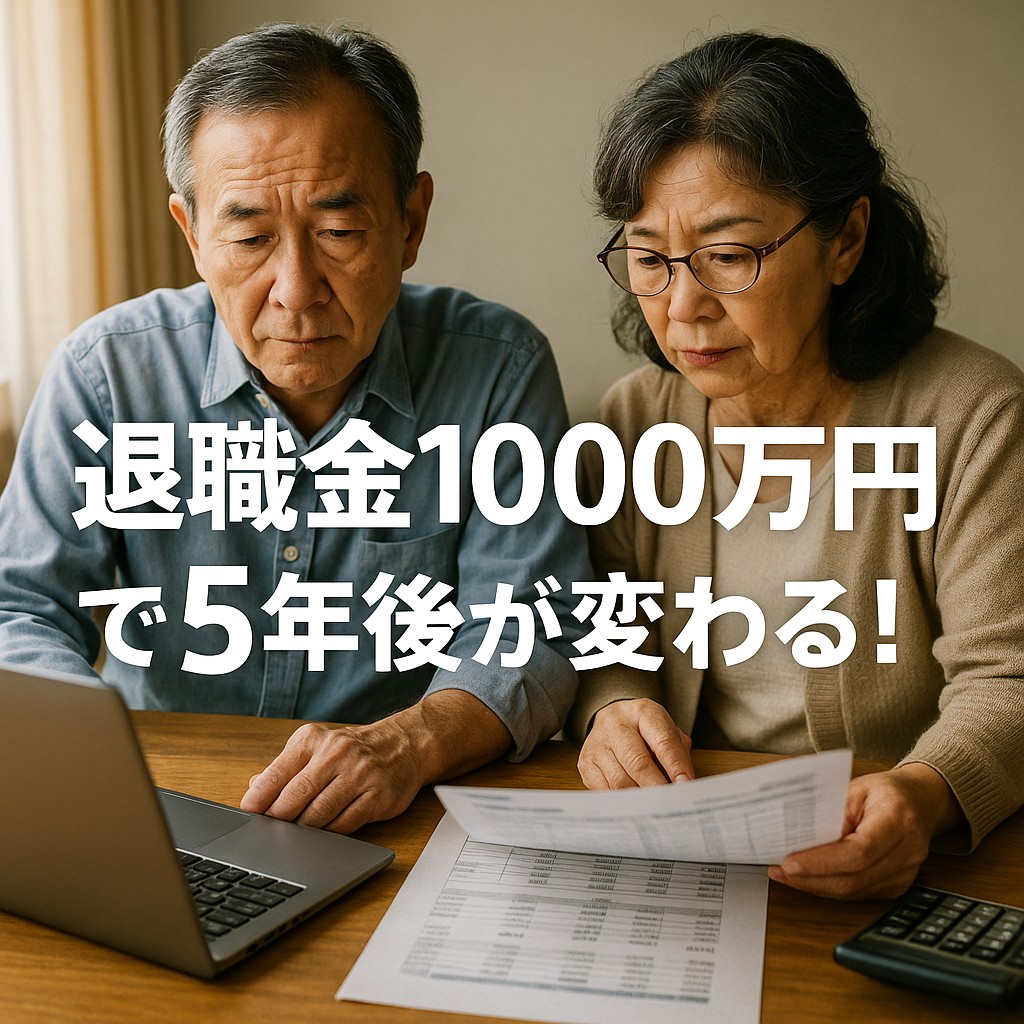 シニア夫婦が木製テーブルに座り、ノートパソコンと金融書類を見ている