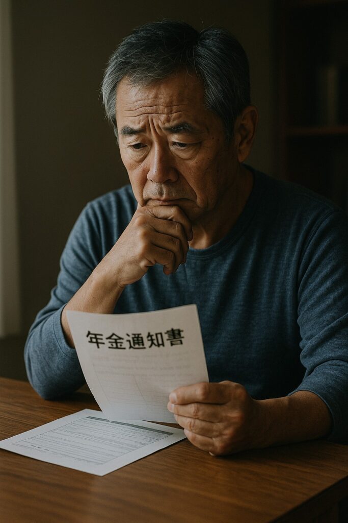 60代前半の日本人男性が一人で座り、年金通知書を手に持ちながらお金について真剣に考えている