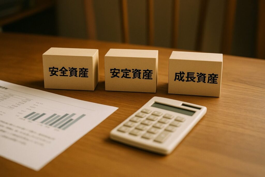 木製の机の上に「安全資産」「安定資産」「成長資産」とラベルが貼られた3つの投資ボックスが並んでいる