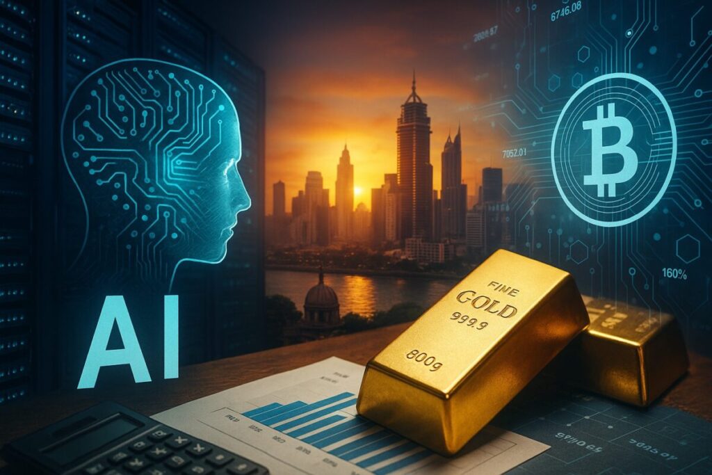 AIデータセンター、インドの都市スカイライン、金の延べ棒、ビットコインを象徴するデジタルグラフィックを組み合わせた未来投資をイメージしたコンセプト画像