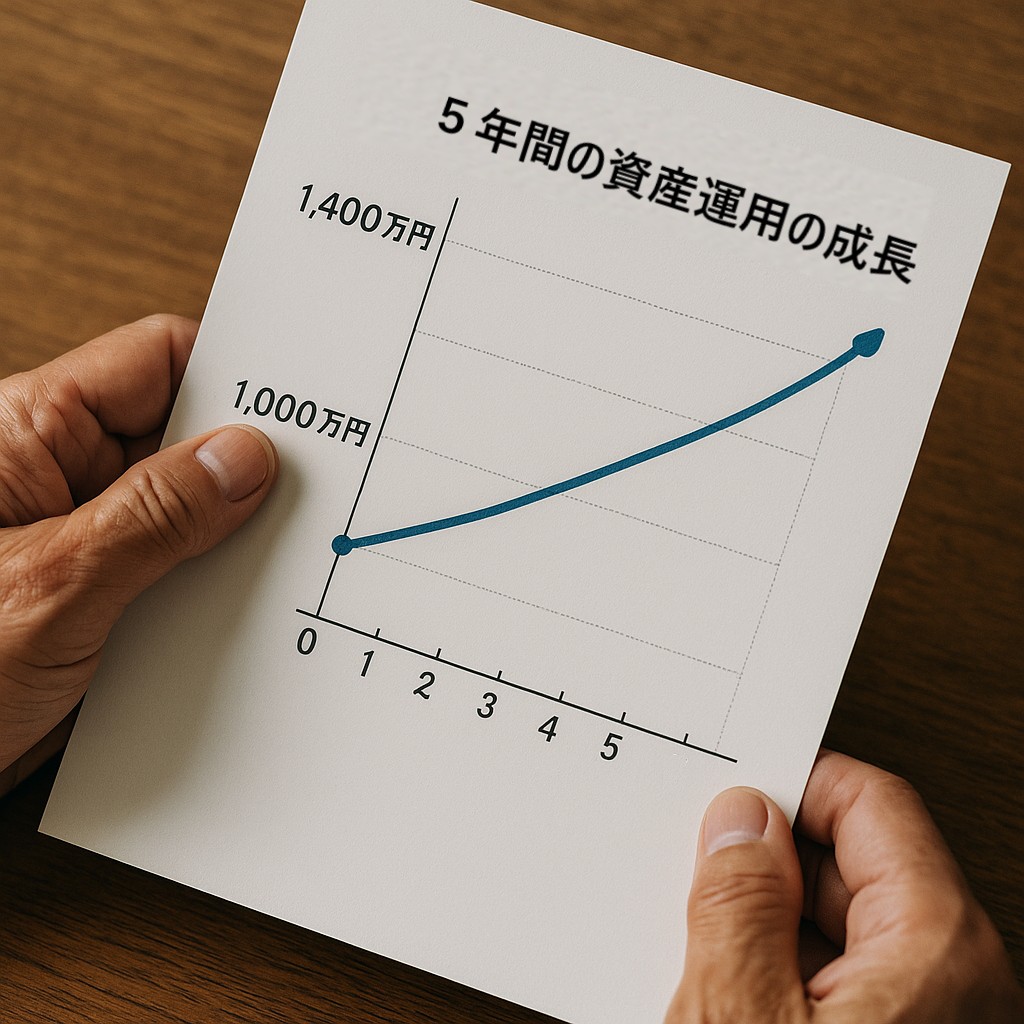 退職金1000万円を運用した場合、5年間で1400万円に増える資産成長グラフをシニアの手が持っている様子