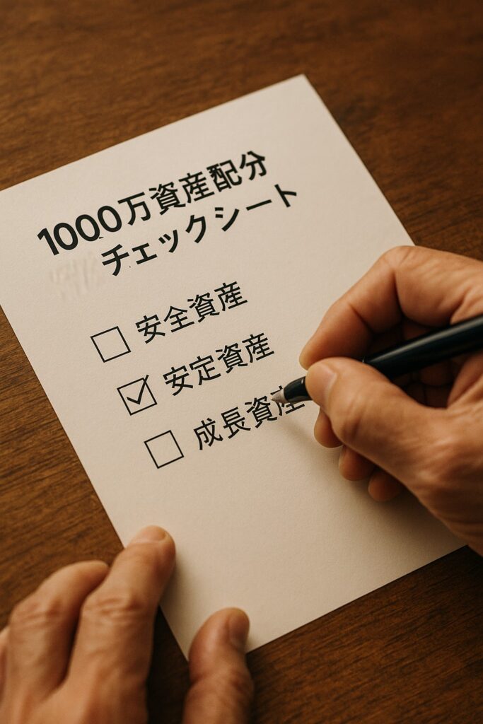 1000万円資産配分チェックシートにシニアの手がペンで記入している様子