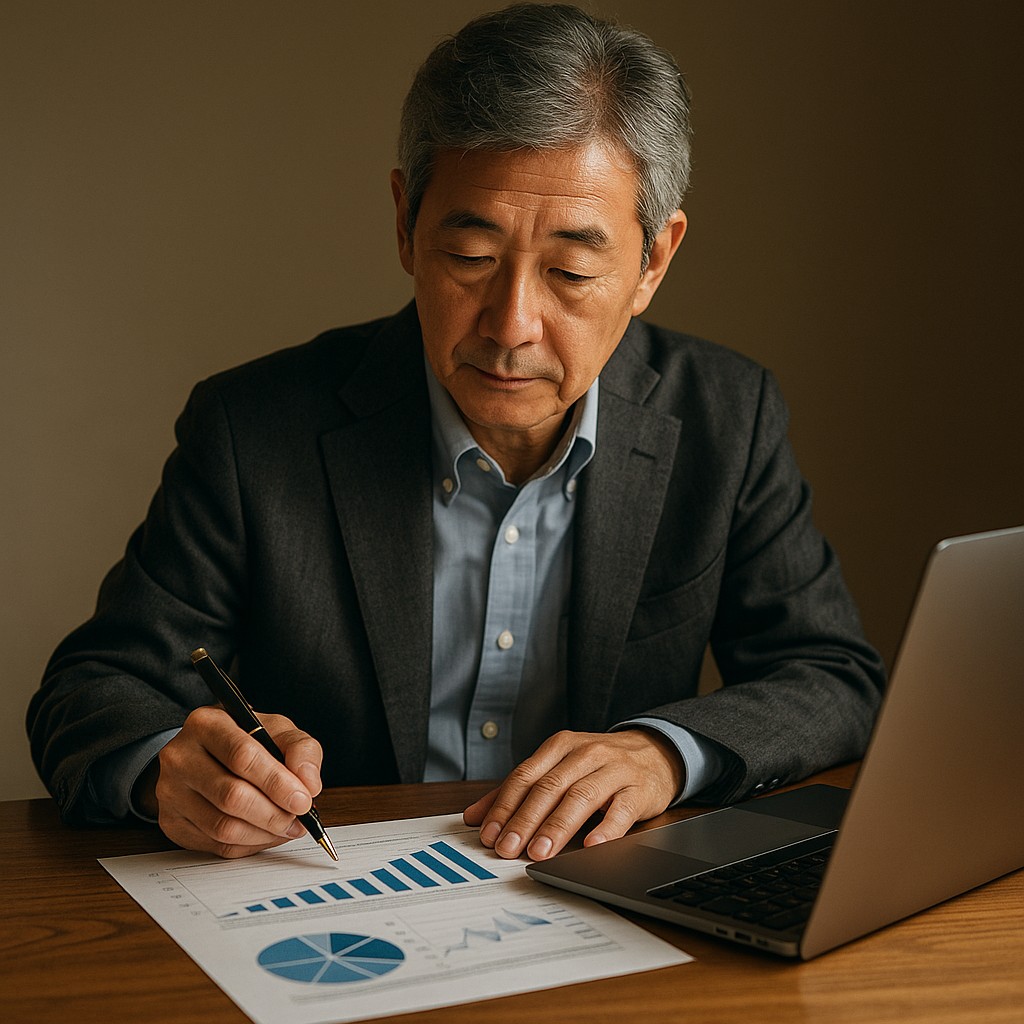 シニア男性がペンを持ちながらグラフ付きの財務資料を確認し、ノートパソコンとともに資産運用の設計を検討している様子