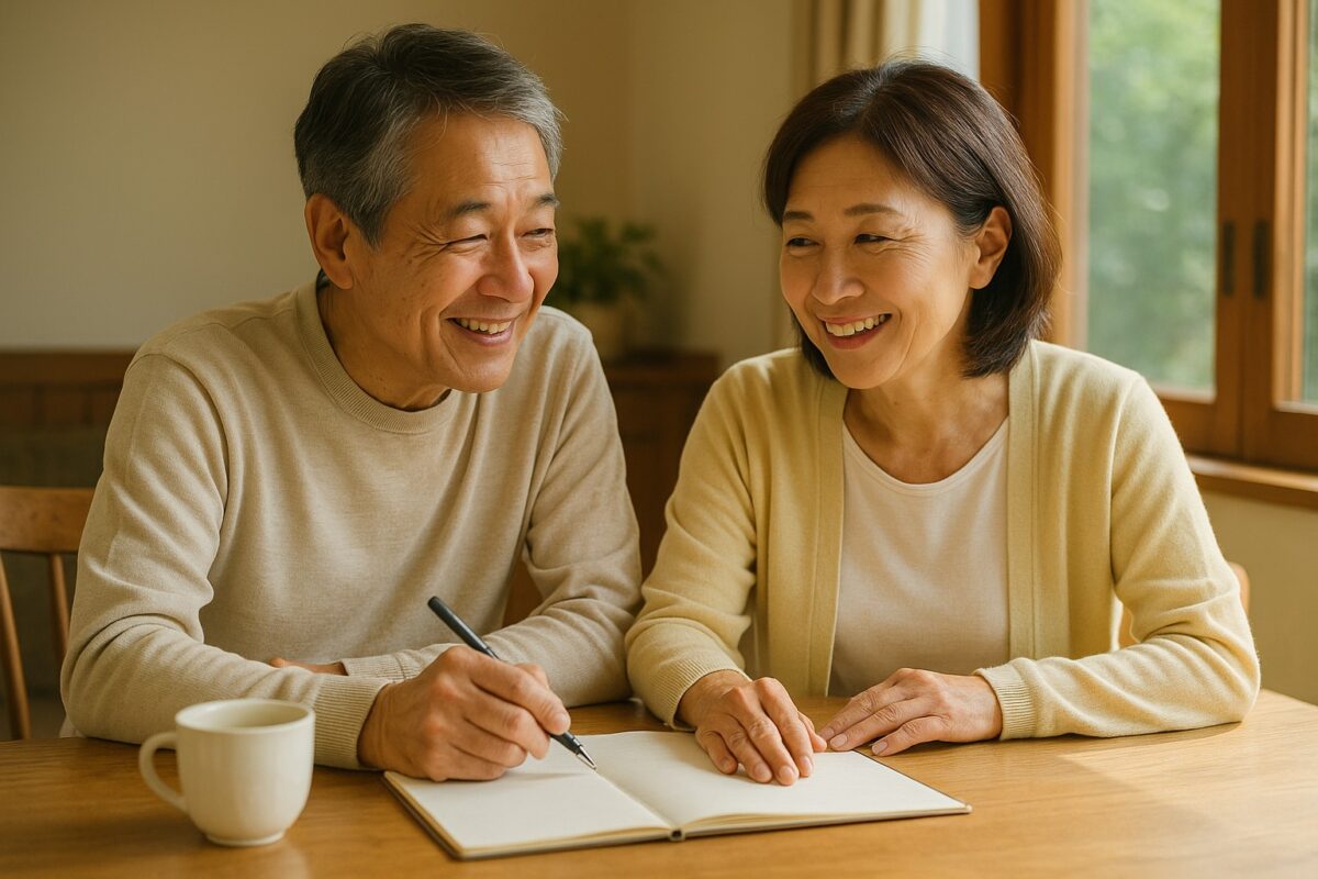 60代・夫婦・ノートやコーヒーを前に未来を話す、明るく柔らかい生活シーン