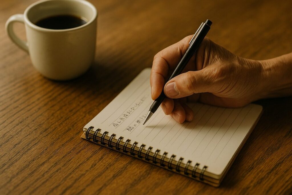 ノートにペンで書き始める手（60代男性の手）