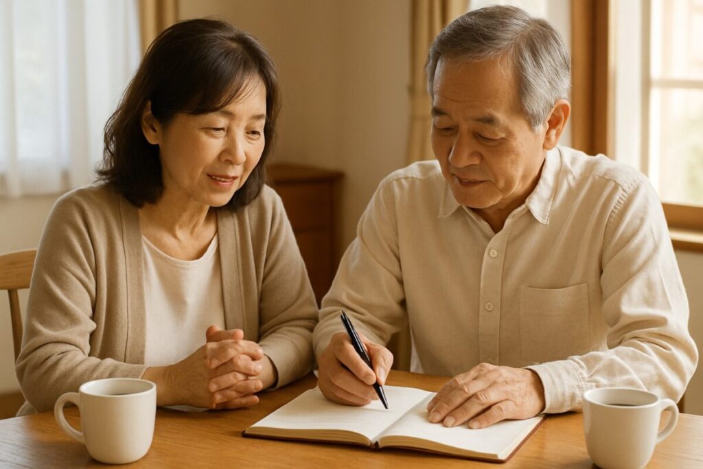 60代夫婦が、窓から外（自然）を眺めながら考える姿