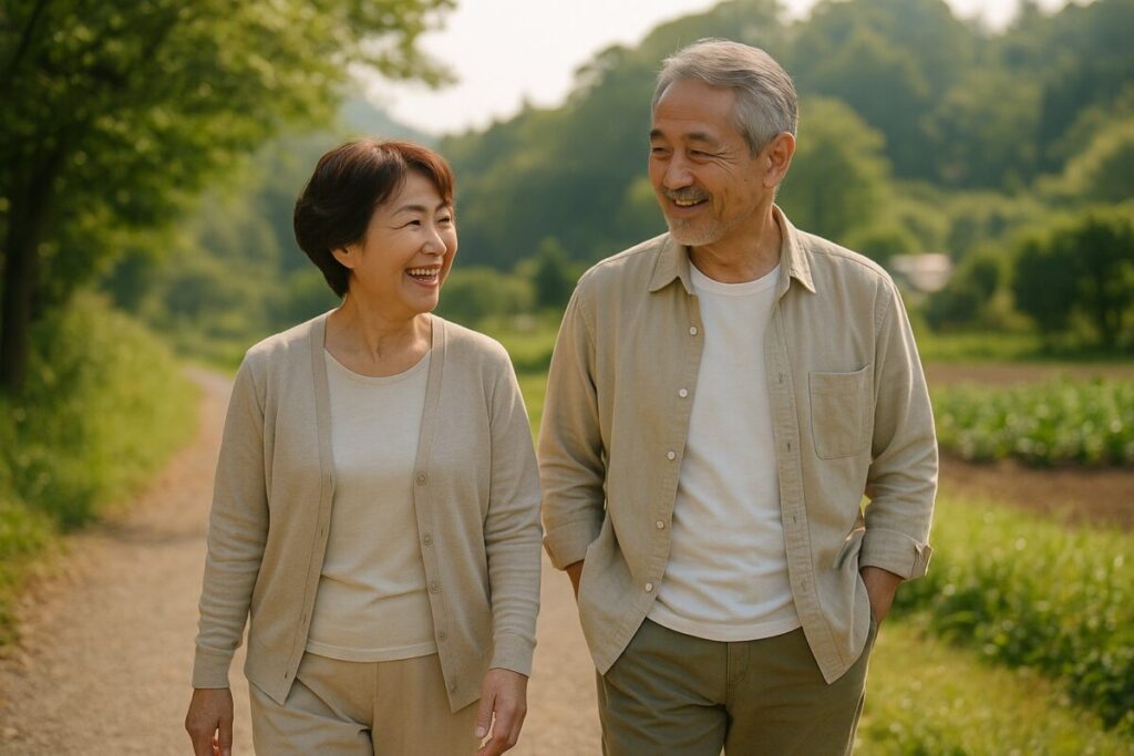 笑顔の60代夫婦が歩く、暮らしに余裕がある雰囲気