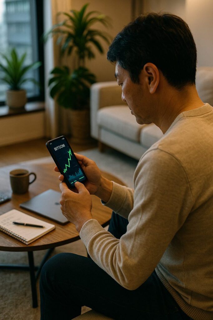 60代男性がスマホで仮想通貨をチェックしている写真