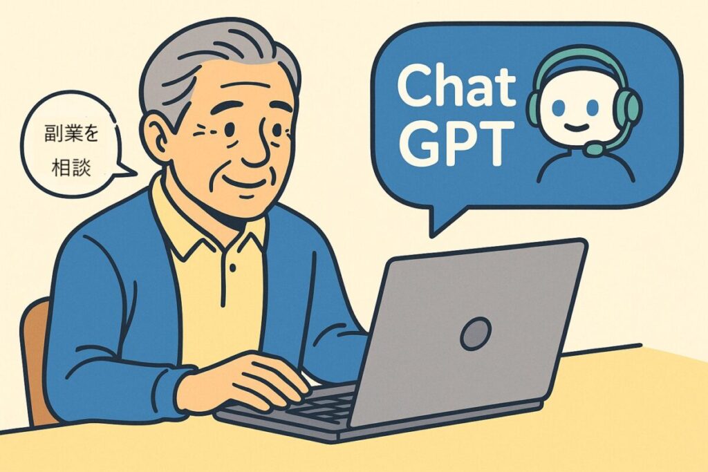 中高年男性(60代)とChatGPT風のAIアイコンが、PC画面を見ながらやさしく会話しているイラスト