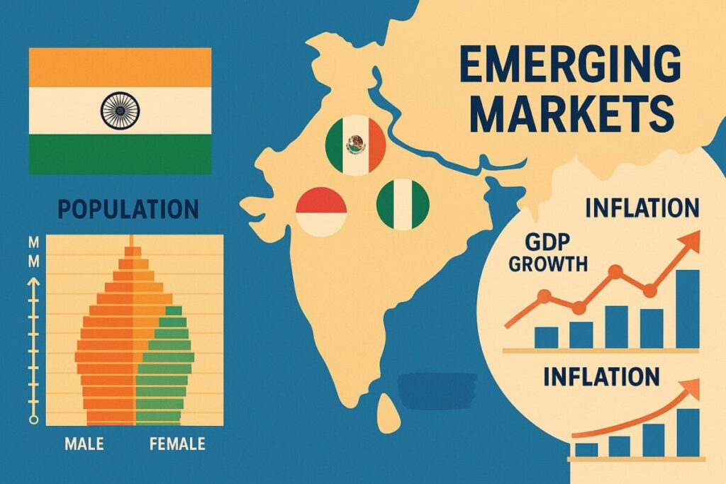 インドと新興国の国旗・人口ピラミッドと経済指標の合成グラフィック