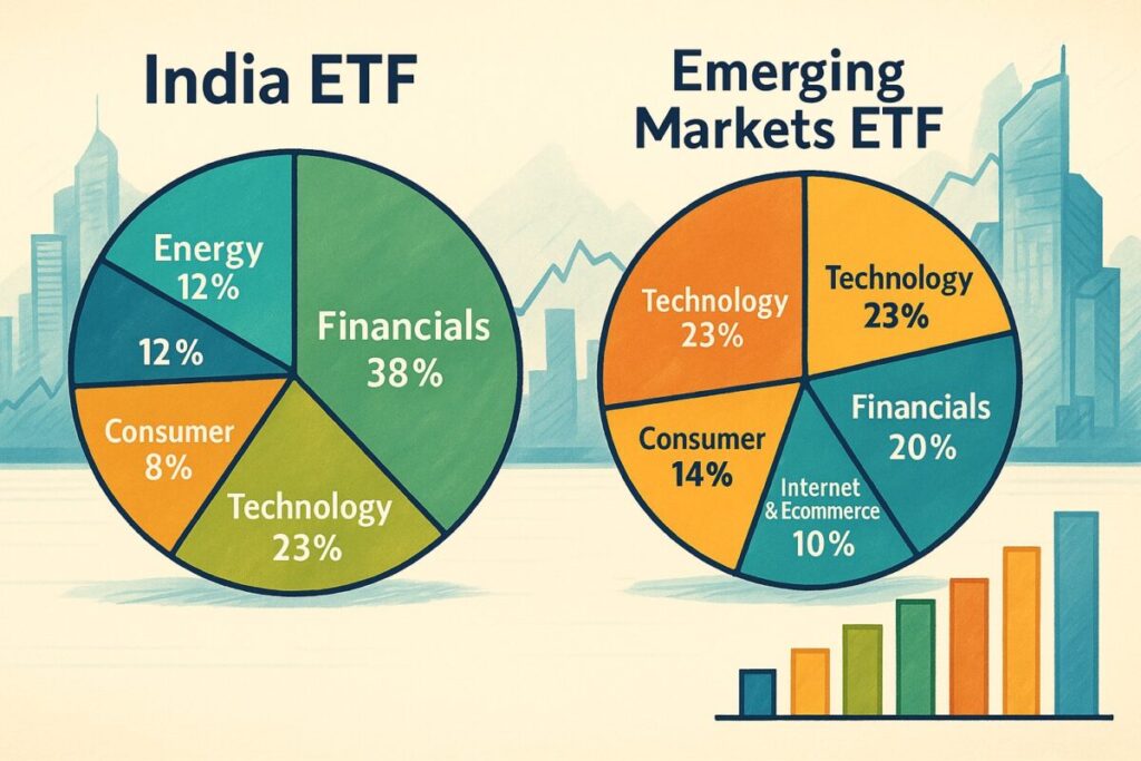 ETF構成銘柄比較チャート:インドETF vs 新興国ETF(棒グラフ or 円グラフ)