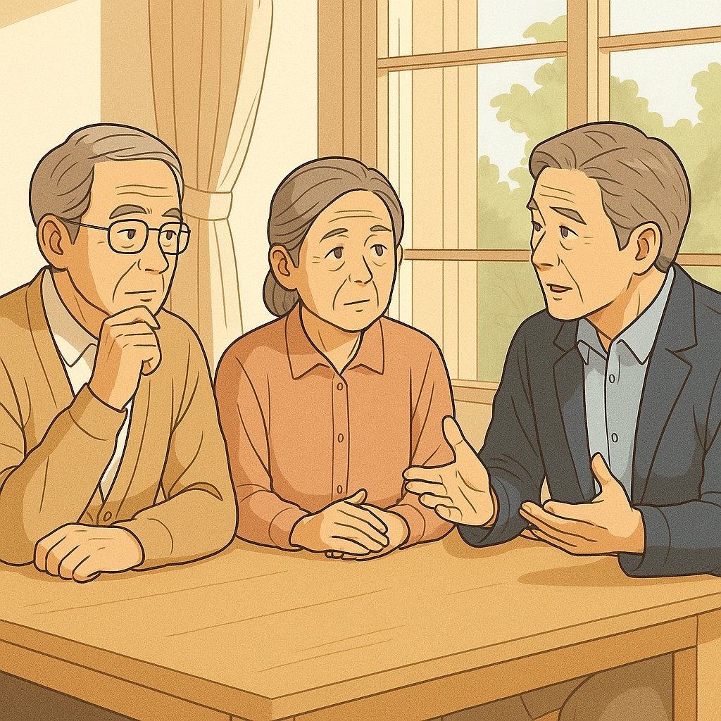 3人のシニアがリスク許容度別で相談するシーン(ややリアル寄り)