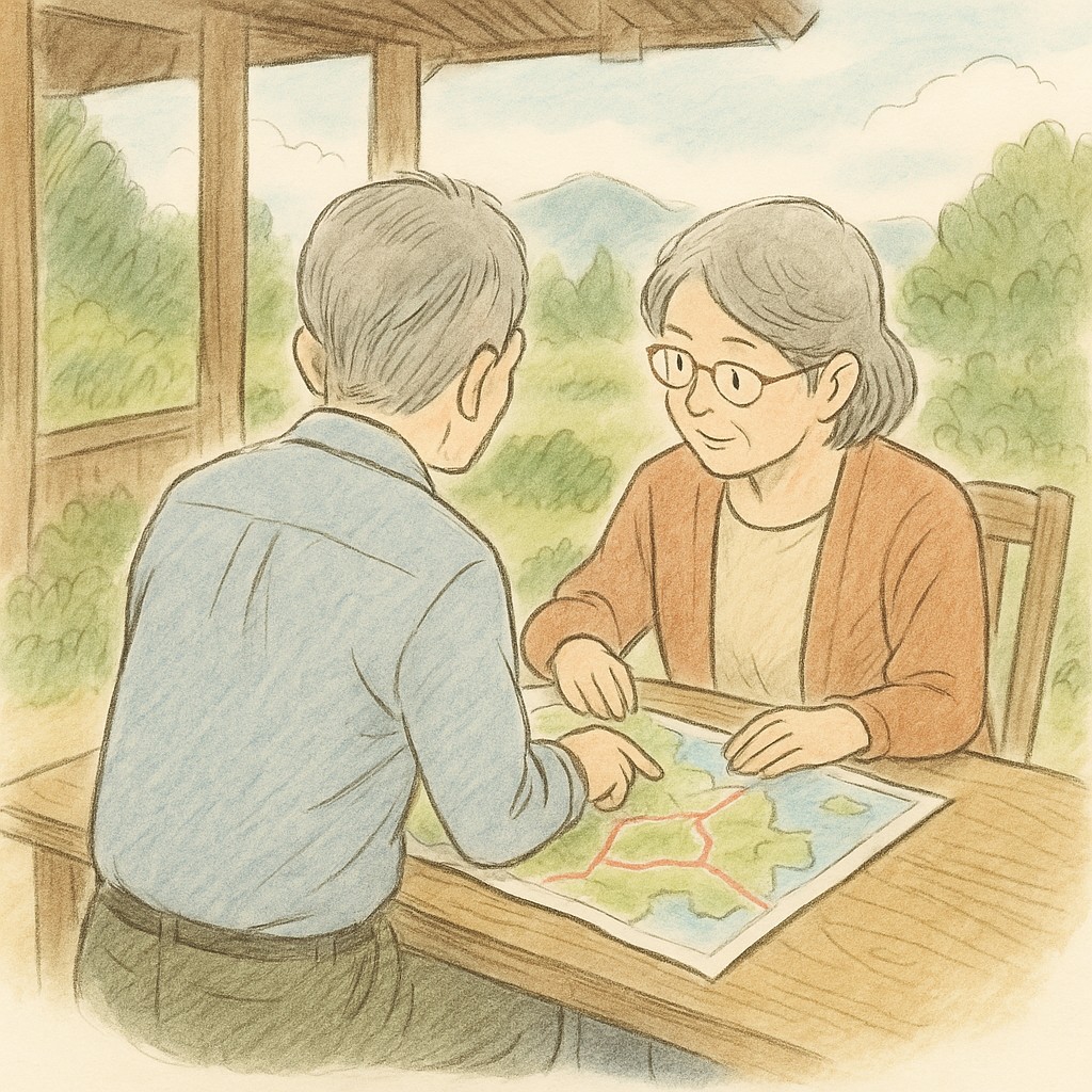 地図を広げて話し合う60代夫婦の後ろ姿