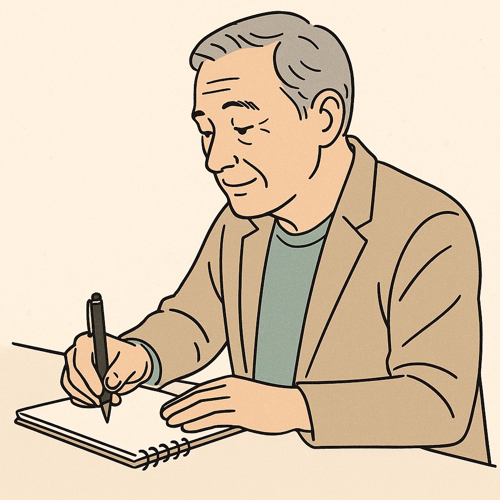 ノートに自己分析を書き込むシニア男性の横顔