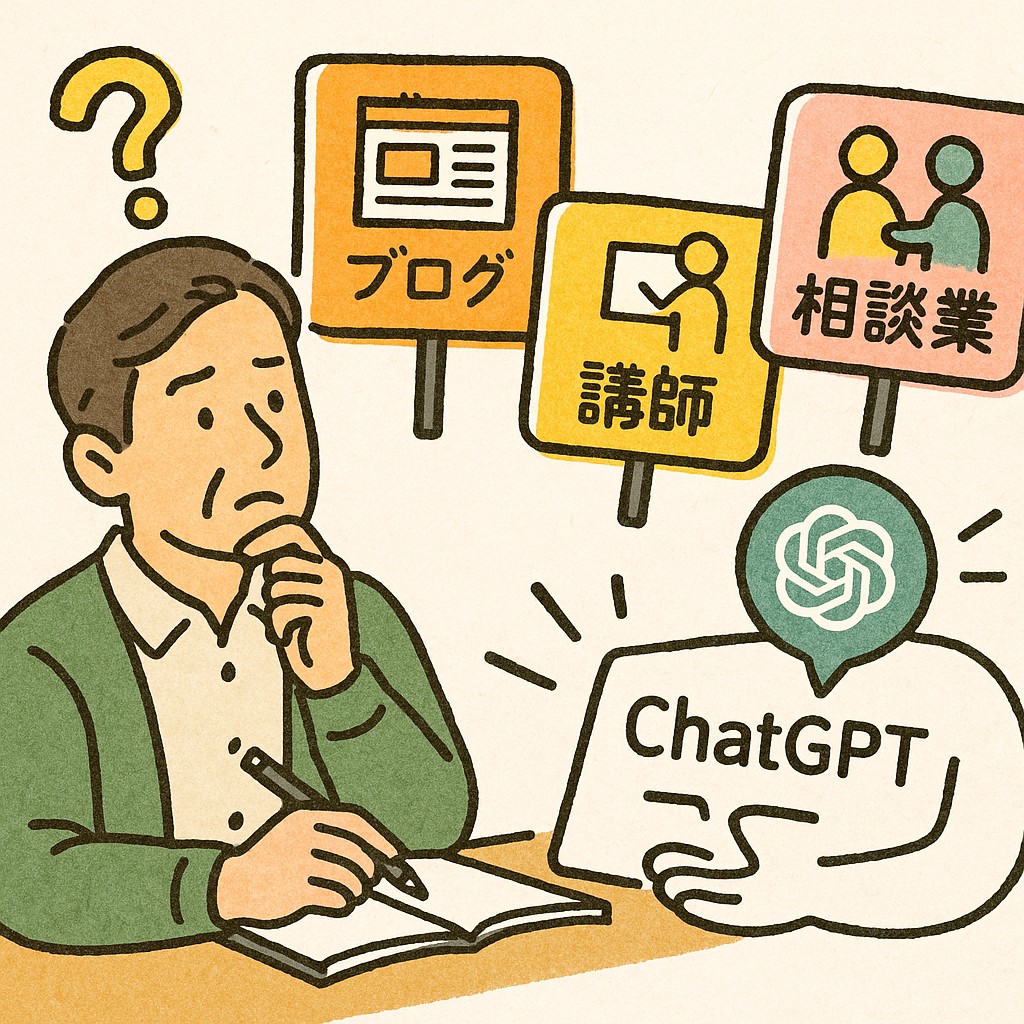 複数の副業選択肢(ブログ、講師、相談業など)を前に思案する人物