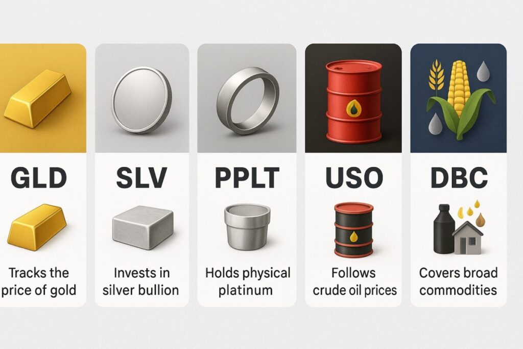 5本の代表ETF(GLD、SLV、PPLT、USO、DBC)+アイコン+簡単な特徴を並べたインフォグラフィック