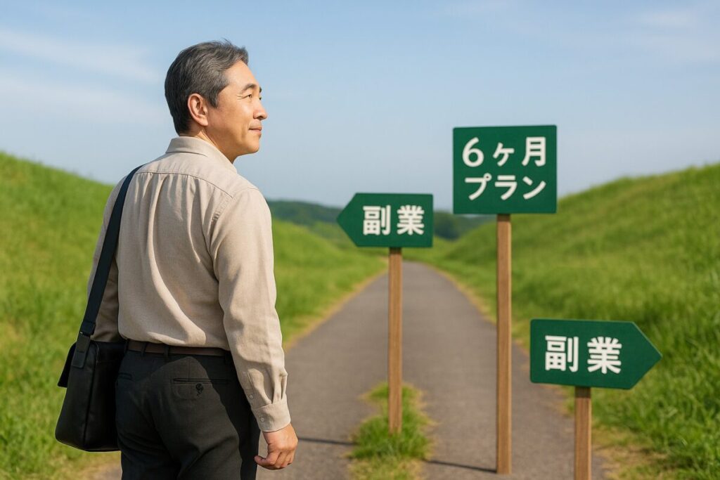 穏やかな表情で歩き出す中高年男性。背景には「6ヶ月プラン」「副業」などの看板が見える道。