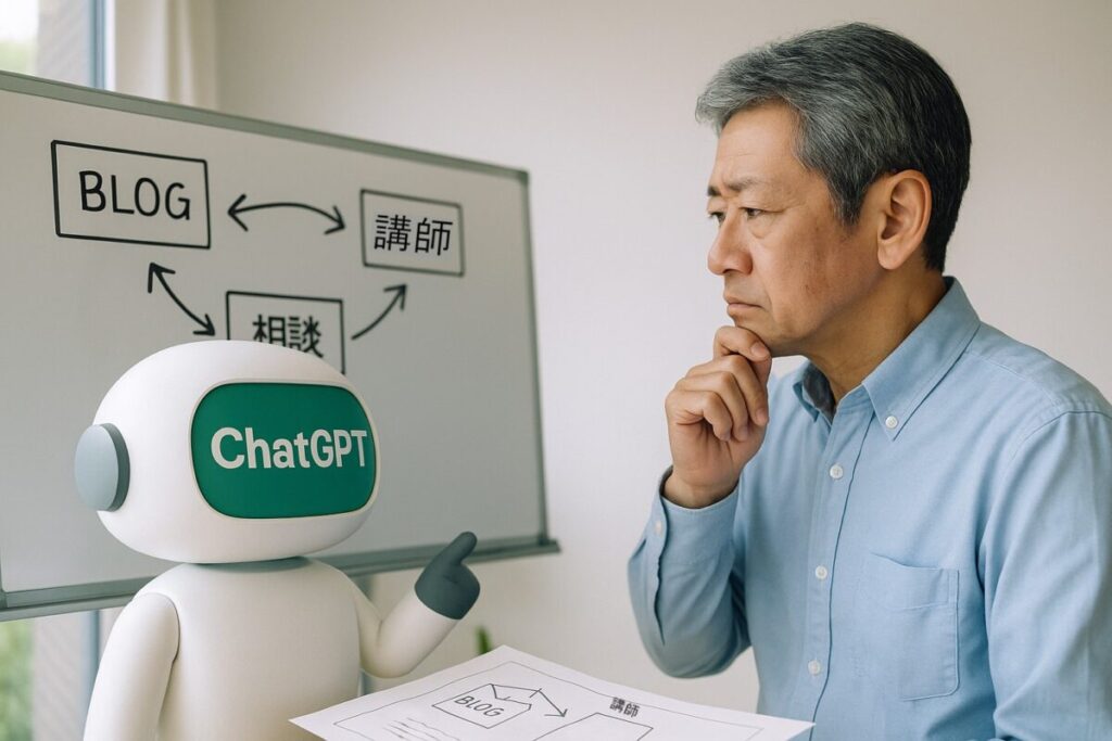 AIキャラ(ChatGPT)と一緒にホワイトボードを見ている人物の構図。