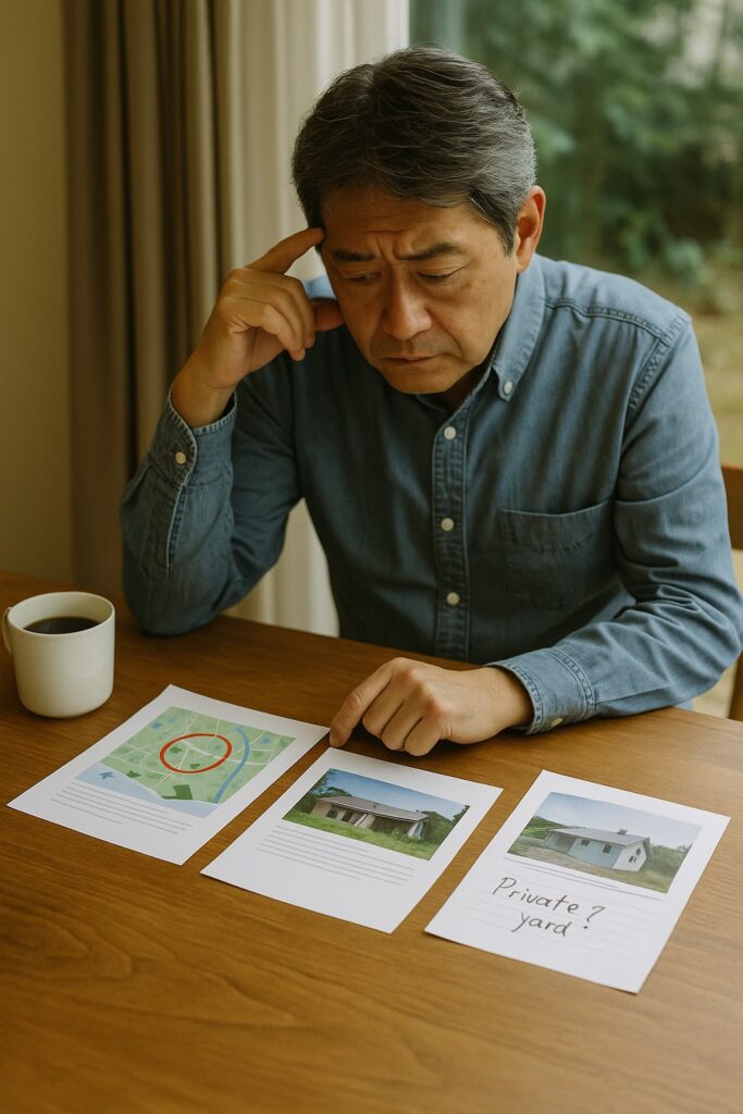 複数の候補地の地図や写真を並べて検討している場面