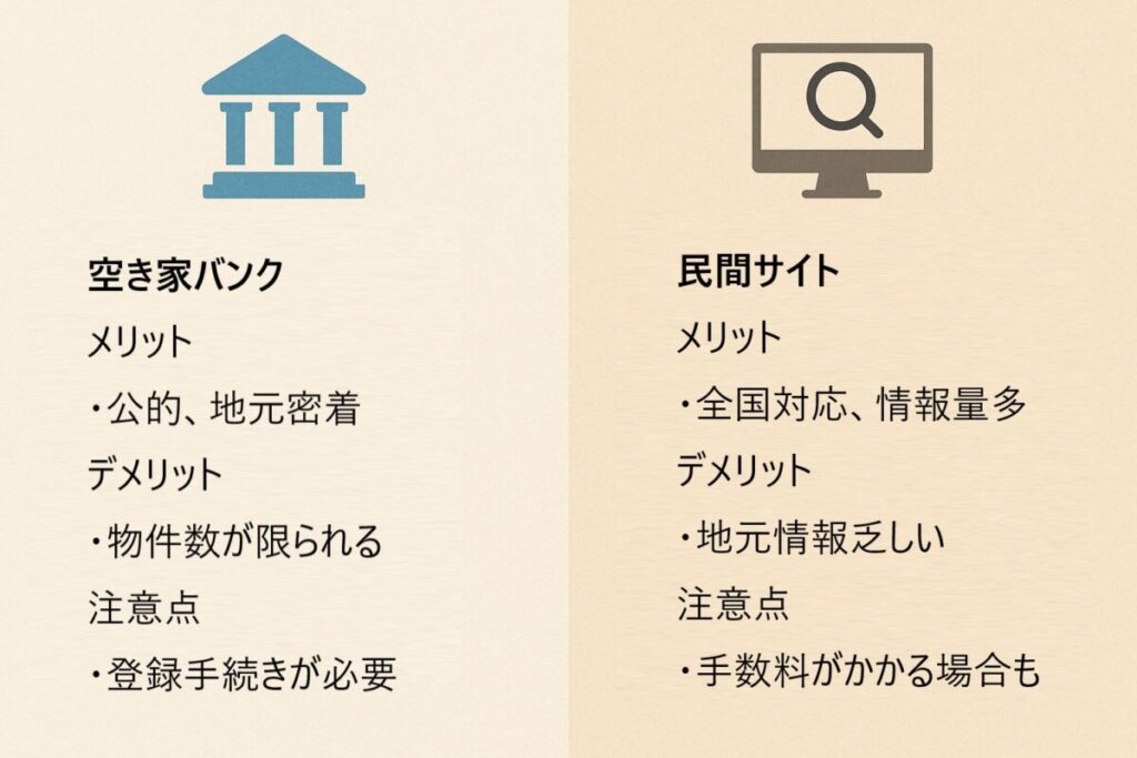 空き家バンクと不動産サイトの特徴を比較するインフォグラフィック