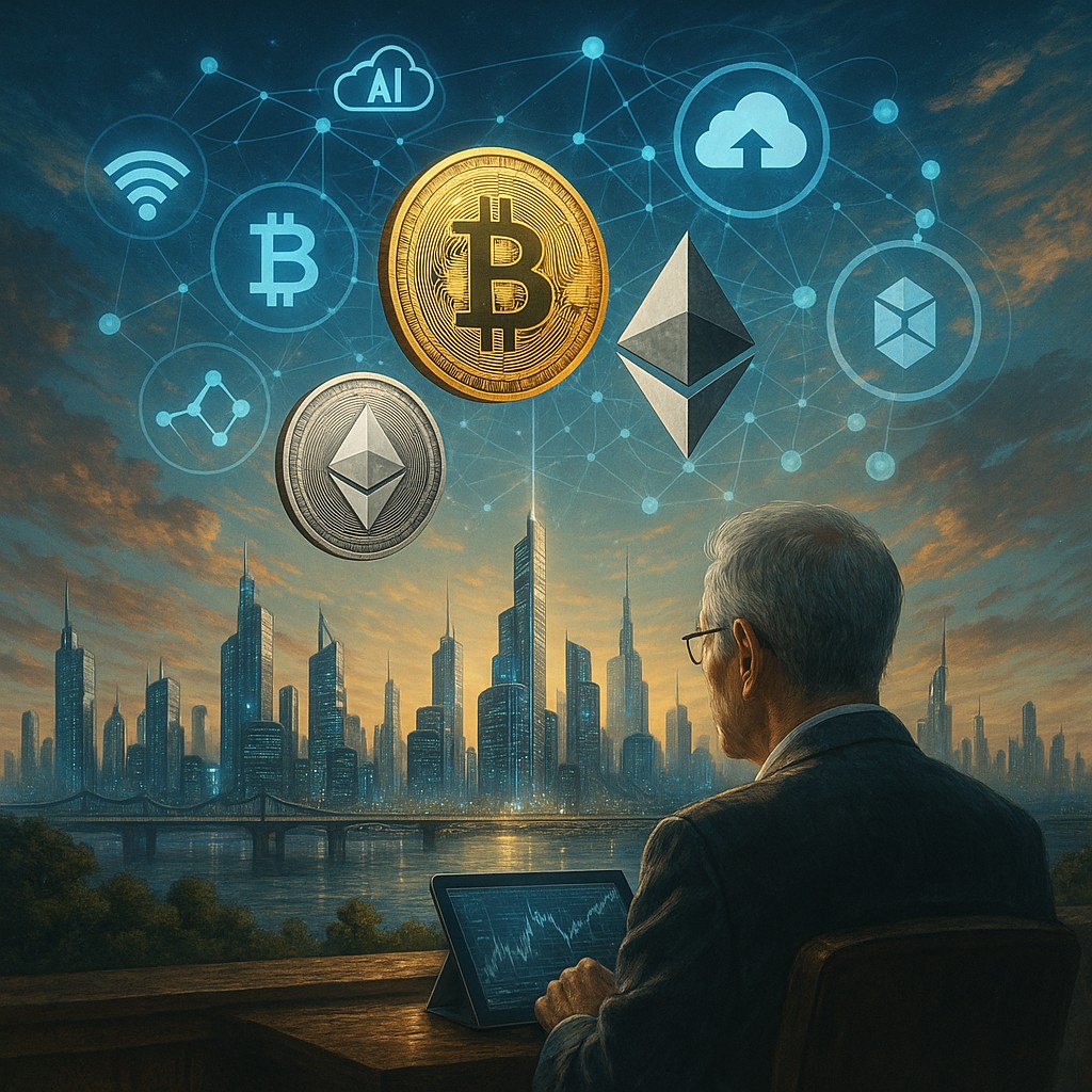 「5年後の仮想通貨社会」をイメージした未来都市+デジタル通貨アイコンの浮遊グラフィック