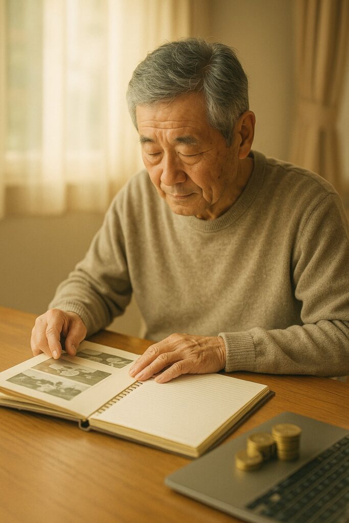 過去の写真アルバムやノートを見返しているシニア男性