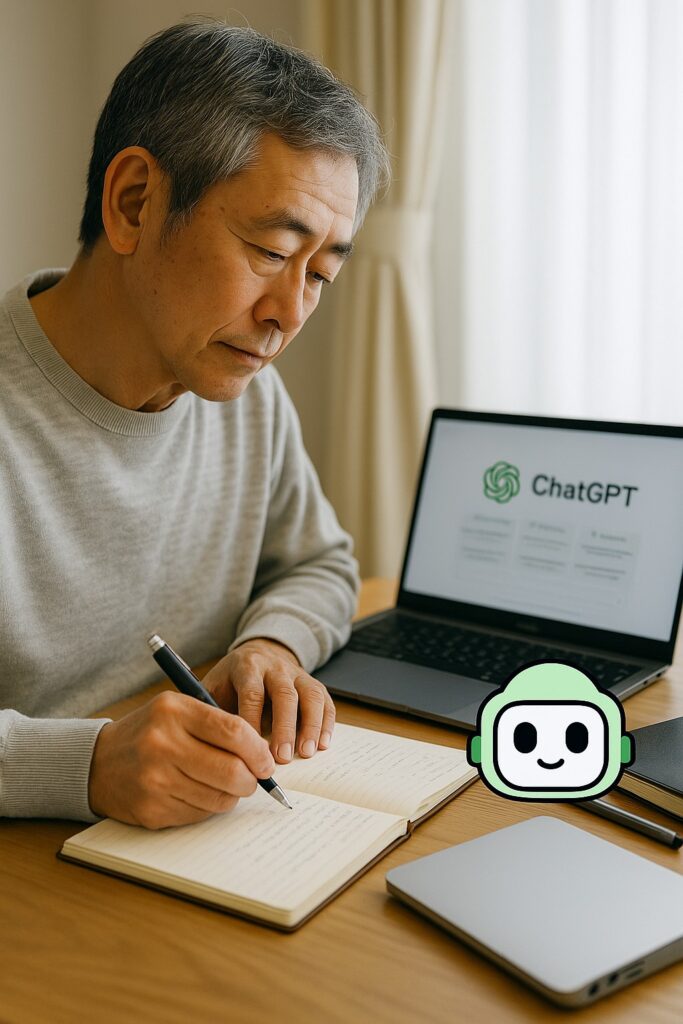 ChatGPTの画面を見ながらノートにアイデアをメモする男性