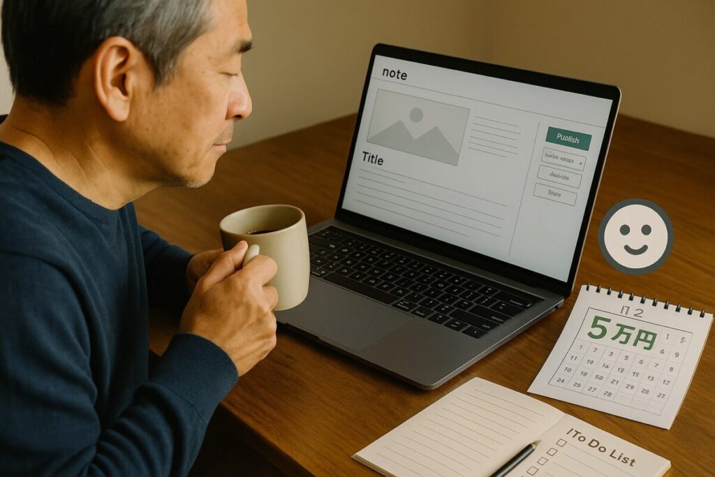 noteの販売ページを設計しているPC画面＋コーヒー片手の60代男性