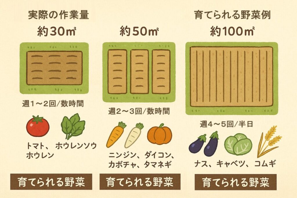 30㎡・50㎡・100㎡ 畑サイズ比較図(俯瞰)